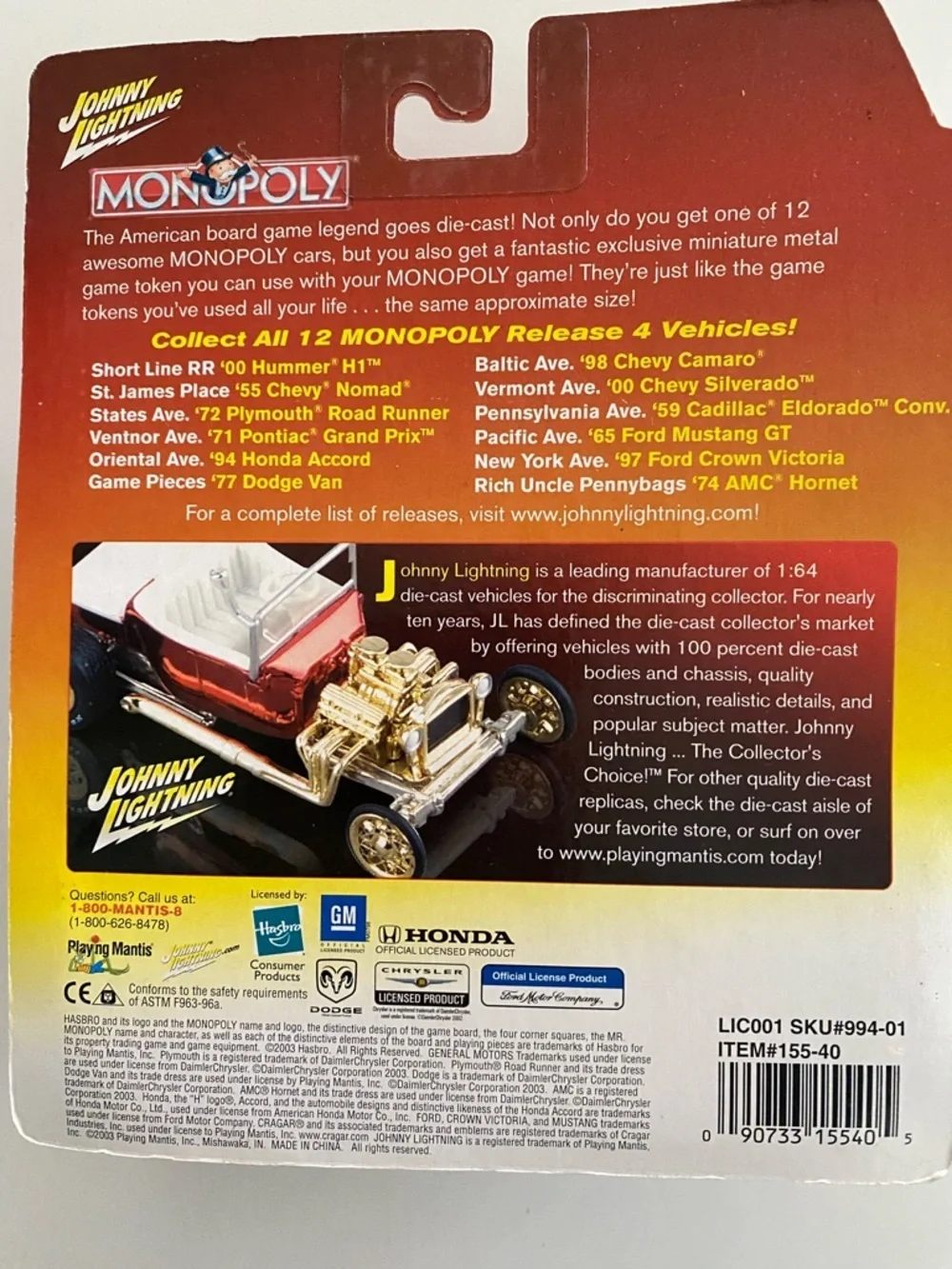Monopoly Johnny Lightning Die-Cast Toy Car in Light Blue with Exclusive Token